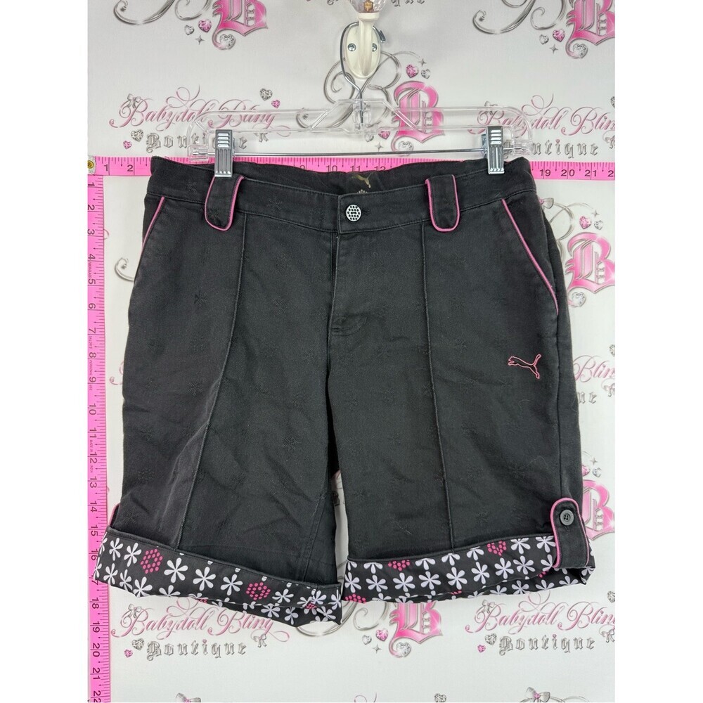 Puma shorts floral flowers pink Black Shorts with Pink Trim and Floral Cuff